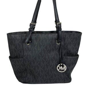 MICHAEL KORS Jet Set Logo Tote Black/Gray Coated Canvas Leather Buckle Straps